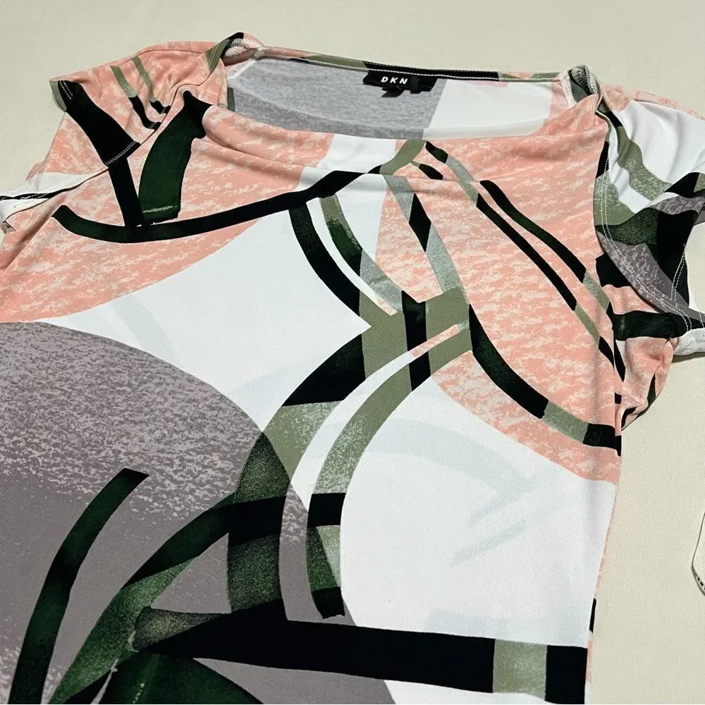 DKNY Women's Top with Pink and Green Abstract Design